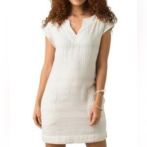 prAna Dress Organic Cotton Stripes Shift Cap Sleeve Size XL Cream Taupe V-neck